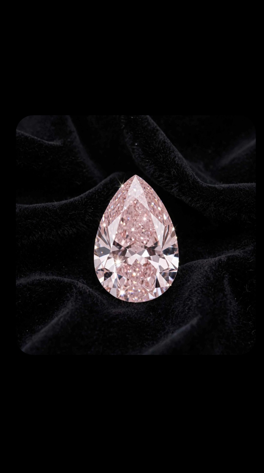 Fancy Vivid Pink lab-grown diamond, pear cut, on black velvet — IGI Fancy Vivid certified