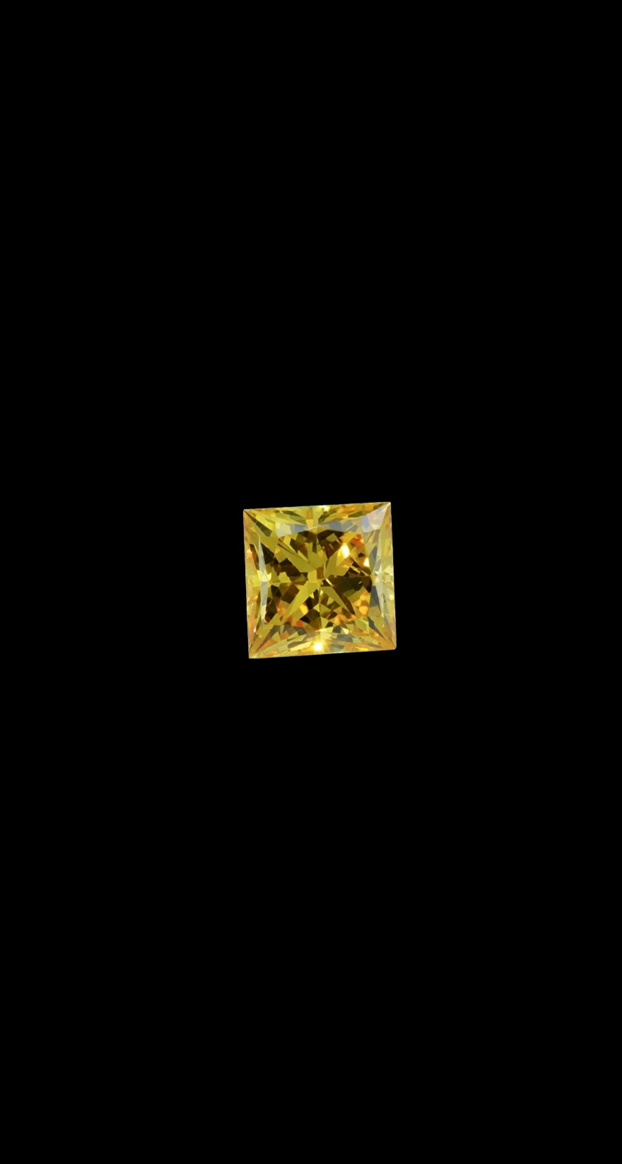 Fancy Vivid Yellow lab-grown diamond, princess cut, on black velvet — IGI Fancy Vivid certified