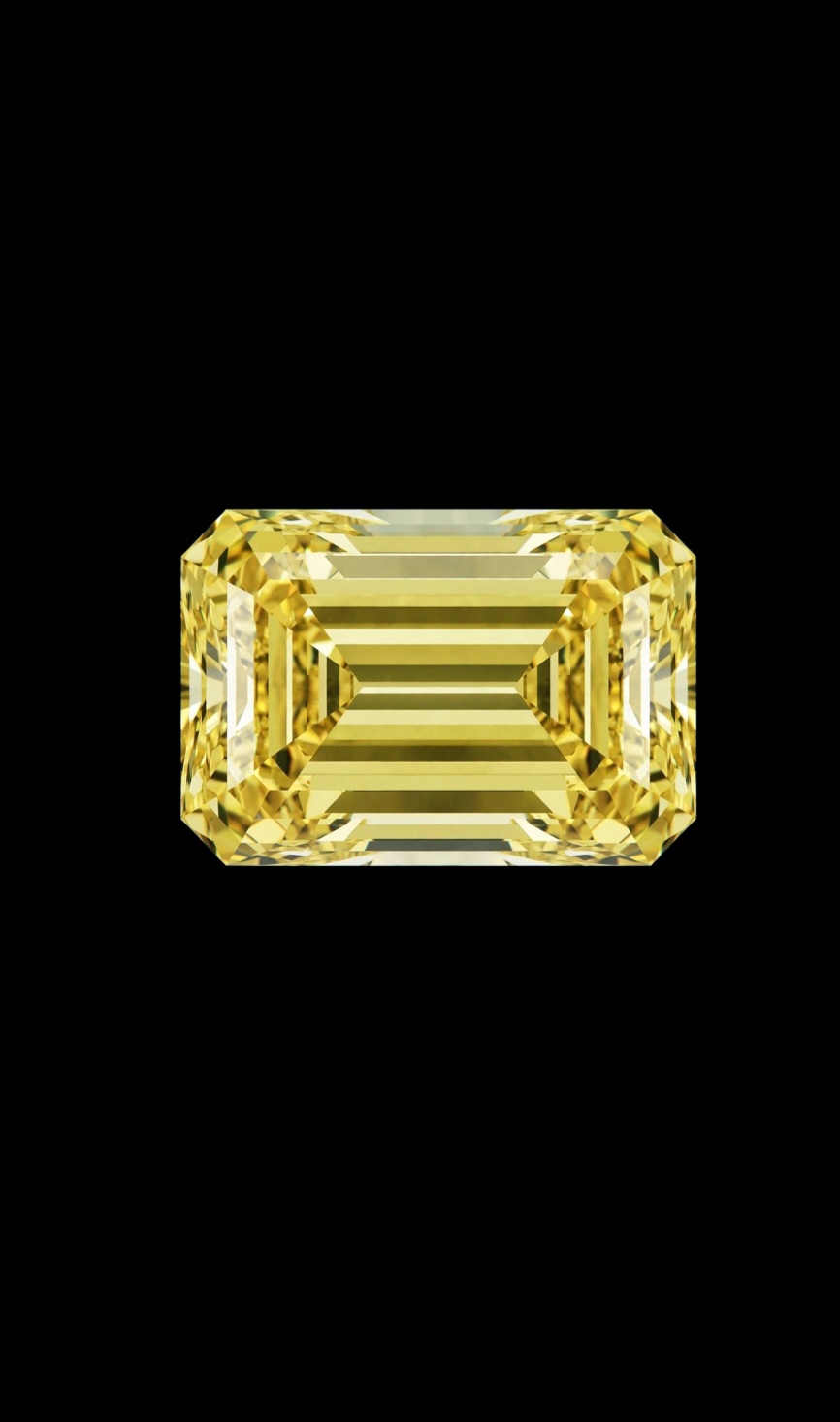 Fancy Vivid Yellow lab-grown diamond, emerald cut, on black velvet — IGI Fancy Vivid certified