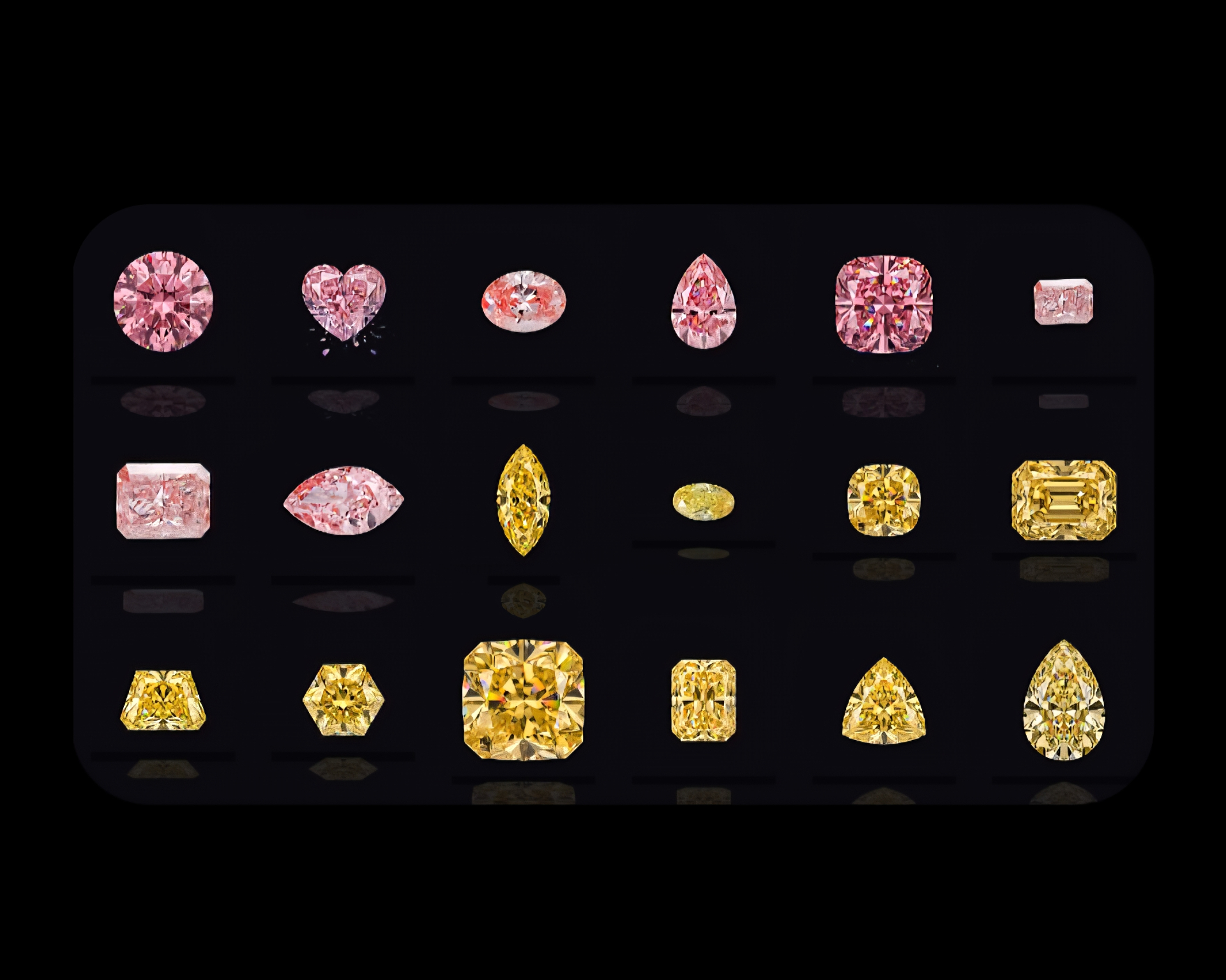 Signature collection of Fancy Vivid Pink and Yellow lab-grown diamonds in every available shape — IGI Fancy Vivid certified