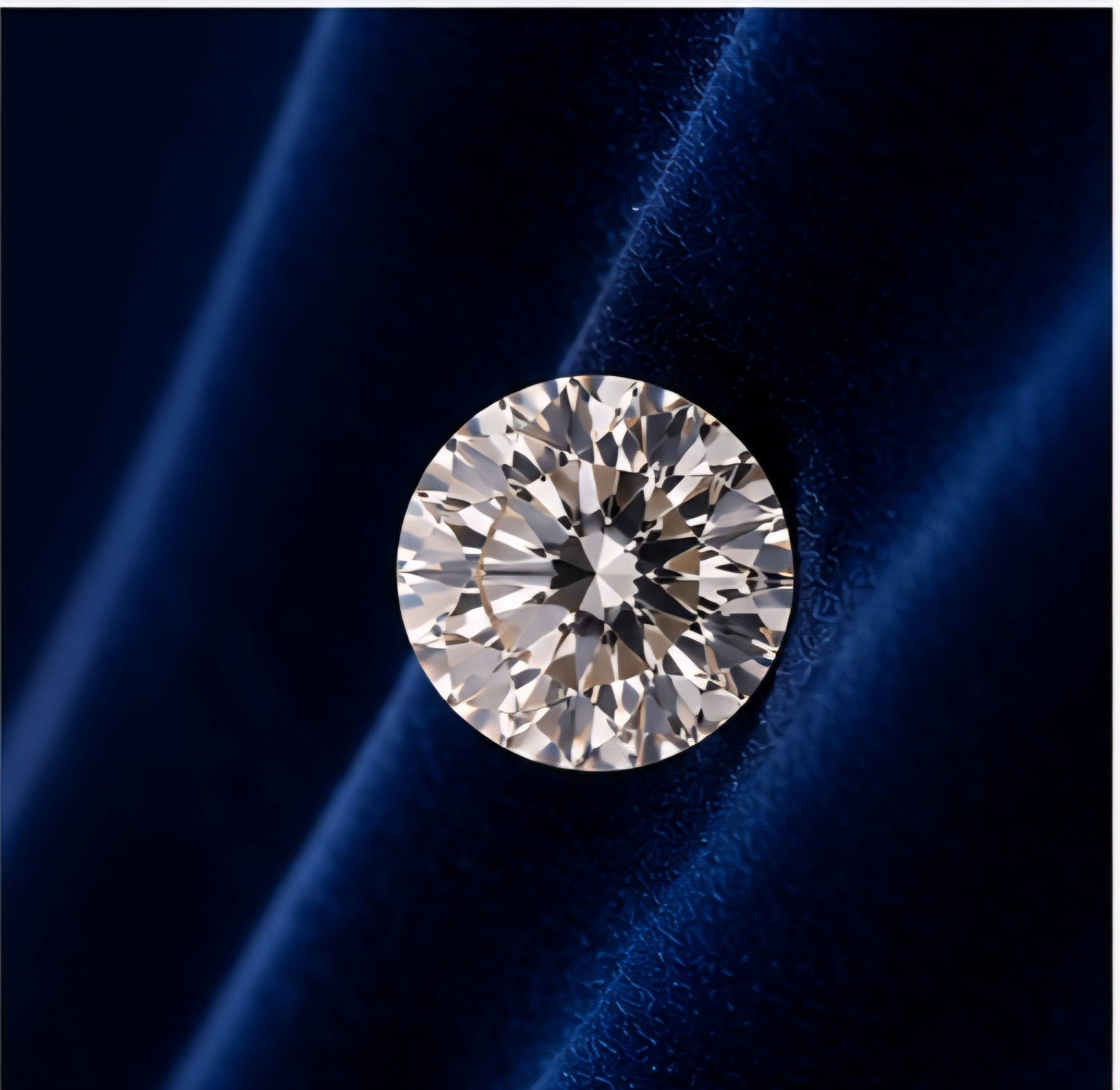 Round brilliant lab-grown diamond on deep blue velvet