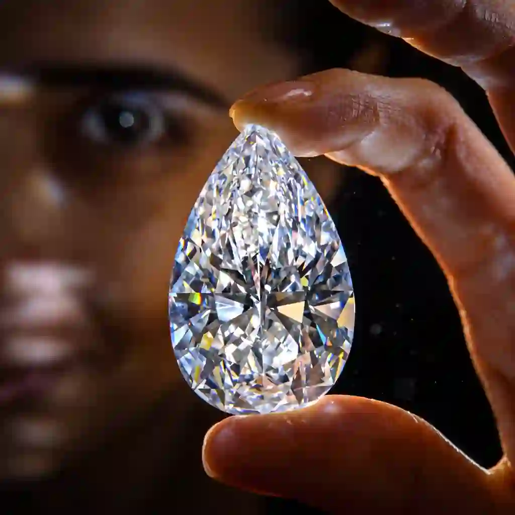 DIAMO ELITE — investment-grade pear-cut lab-grown diamond held between fingertips in cinematic light