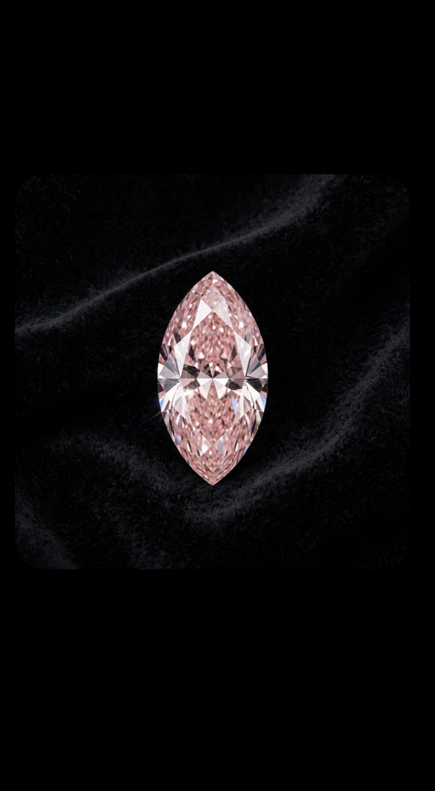 Fancy Vivid Pink lab-grown diamond, marquise cut, on black velvet — IGI Fancy Vivid certified
