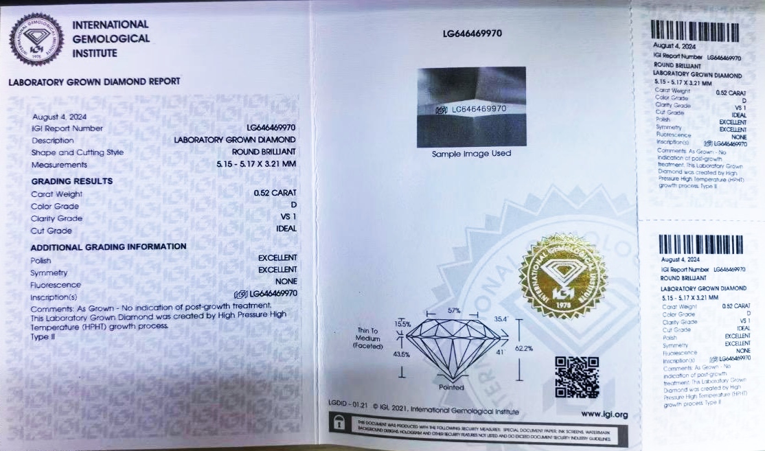 IGI lab-grown diamond certificate LG646469970 — 0.52 ct round, color D, clarity VS1