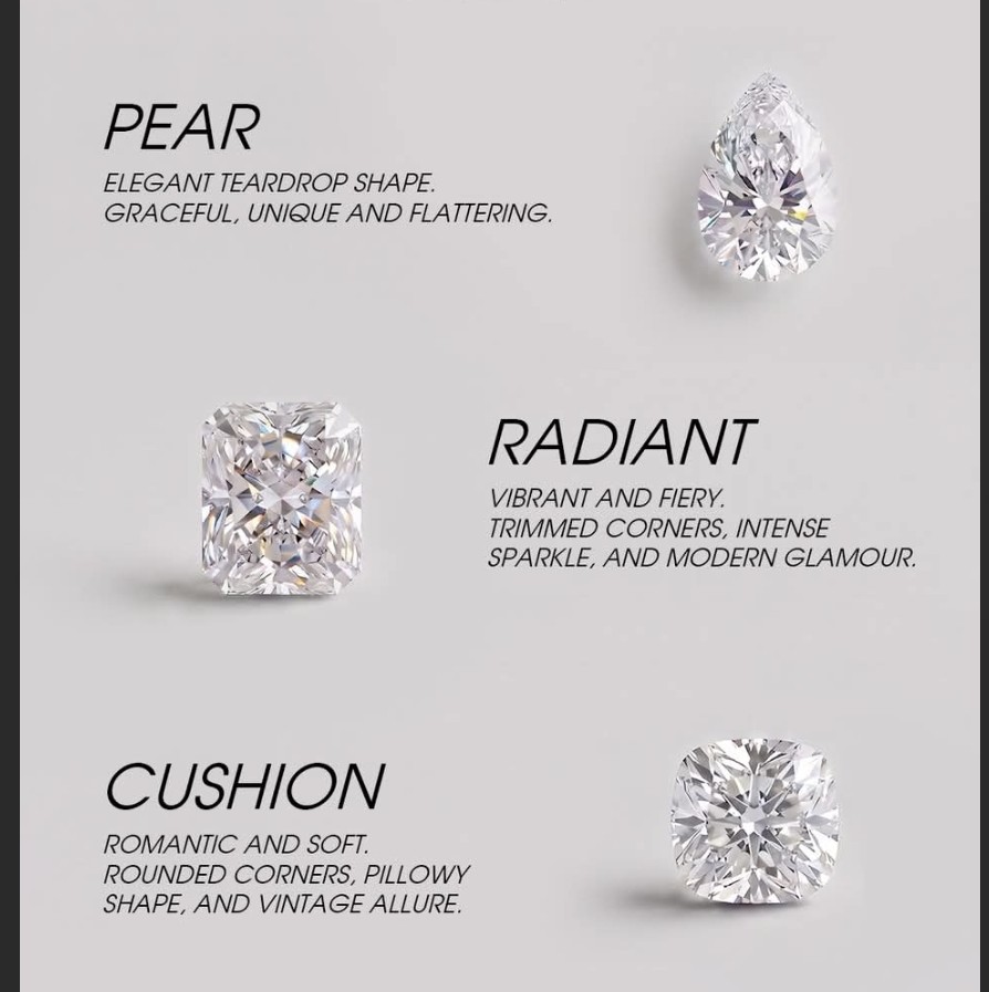 Pear, radiant, and cushion cut diamond comparison